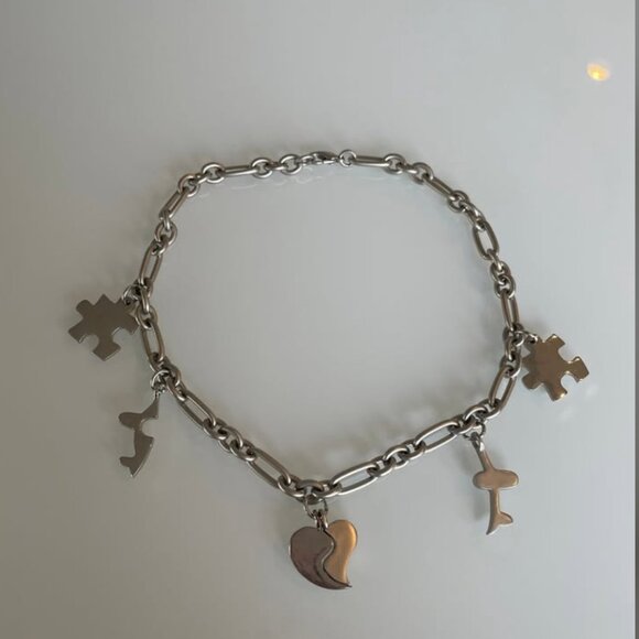 Silver Charm Necklace with Puzzle, Heart, and Airplane Charms - Picture 3 of 6